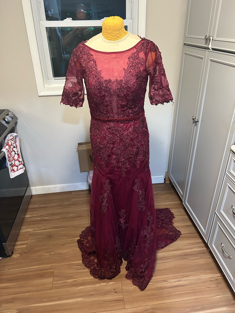 Elegant Burgundy Lace Evening Gown With Train Size 10
